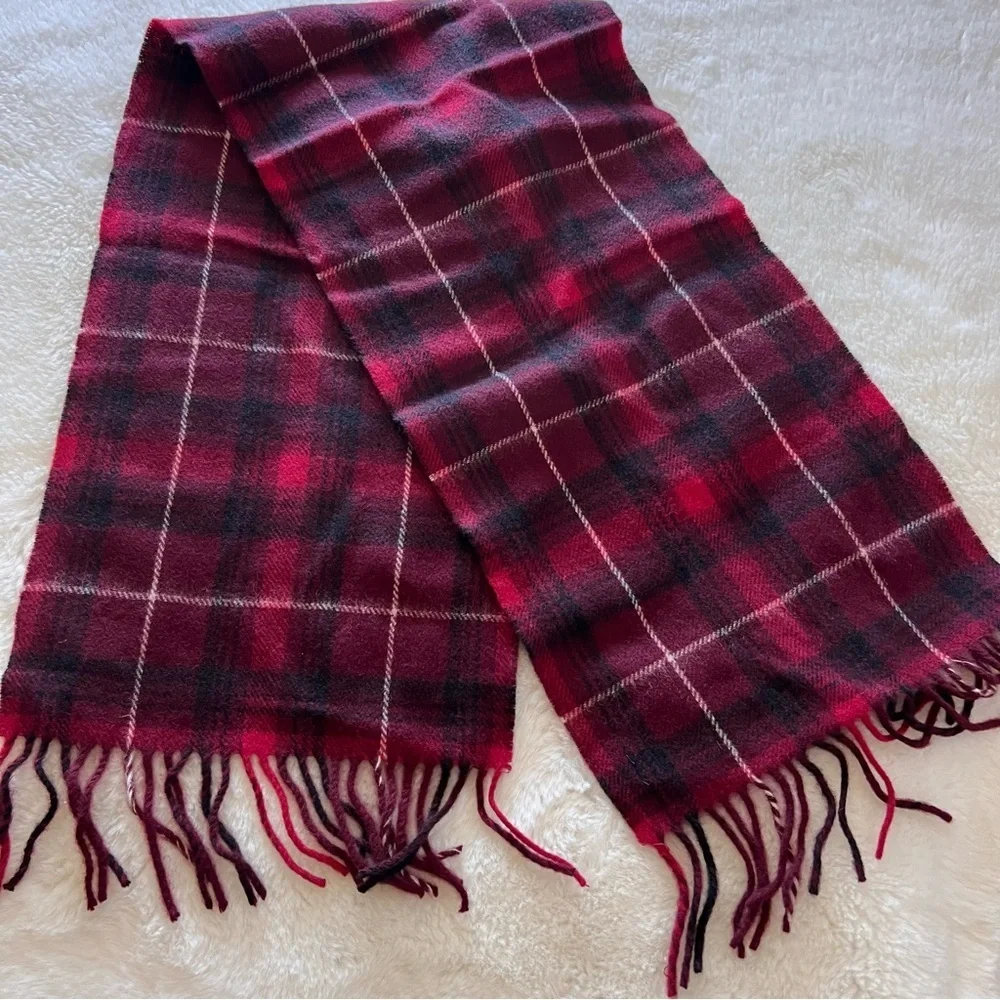 Vintage Lambswool Scarf 12”x54” – Made in Scotland – Red Tartan Plaid